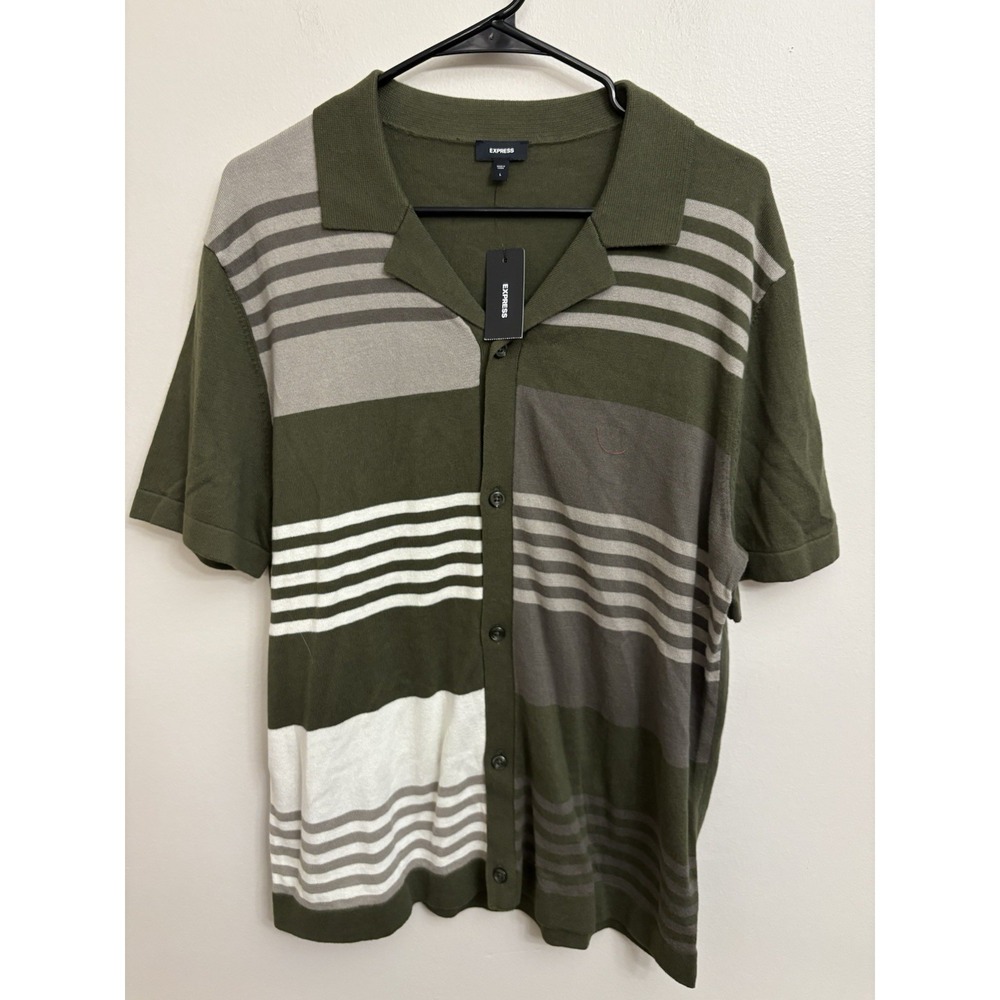 NWT Express Men's Sweater Polo Shirt Short Sleeve Striped Cotton Olive Large